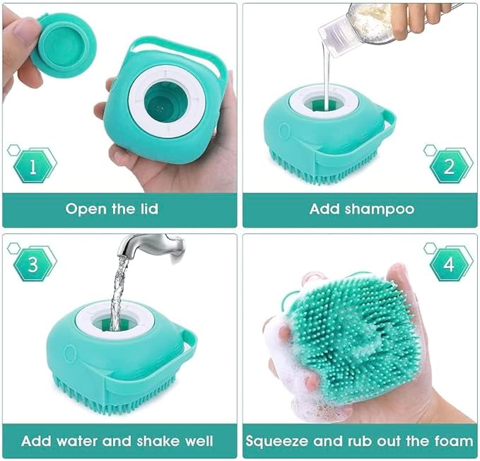 Pet Bath Massage Brush Puppy Dog Cat Grooming Soft soap Dispensing (Blue)