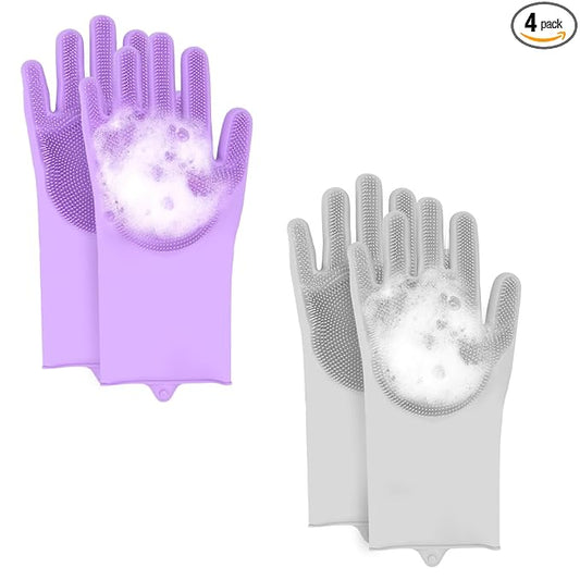 2-Pair Pet Hair Remover Glove for Dogs and Cats Washing, Grooming, & Deshedding – Multipurpose Silicone Dog Bath Gloves, Cat Brush Glove Mitt for Pet Cleaning & Household Use (Purple & Grey)