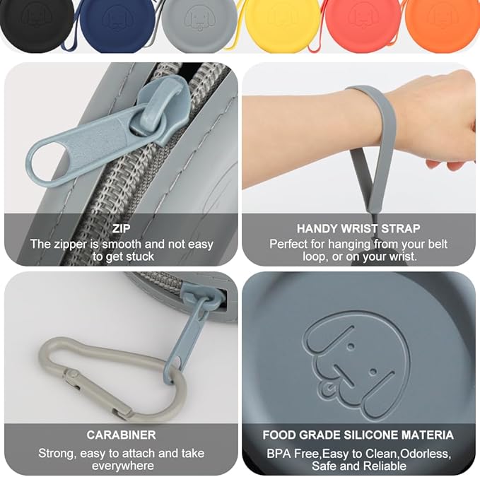 WALLFID Silicone Dog Treat Pouch Small Bag,with Pet Training Clicker,Walking Bag for Dog and Cat, Pocket Size, Easy to Clean, Odorless, Zipper Design,Moisture-Proof,Travel Walking Bag.(Dark Gray)