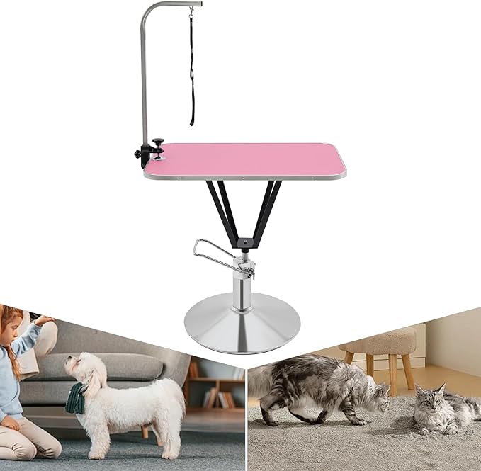 Hydraulic Pet Grooming Table with Adjustable Arms, 360 Degree Table Top Swivel Maximum Load 220 lbs Professional Pet Grooming Table, 34in Hydraulic (Pink,Rectangular)