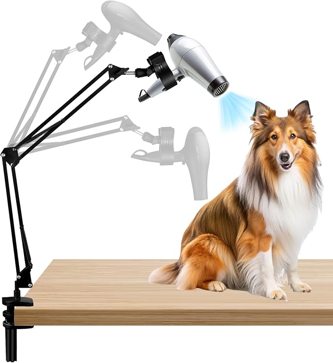 Dog Hair Dryer Holder,Blow Dryer Stand for Dog,Hands-Free 360° Rotating Pet Grooming Table Blow Dryer Stand with Adjustable Arm,Dog Tabletop Hair Dryer