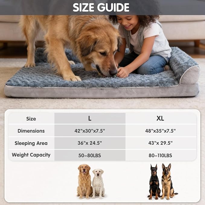 Orthopedic Dog Bed with Pillows, Large Memory Foam Dog Bed Sofa for Medium Large Dogs, Waterproof Washable Cover, Non-Slip Bottom, 42x30x7.5 Inch Supportive Pet Bed Couch, Blue Grey