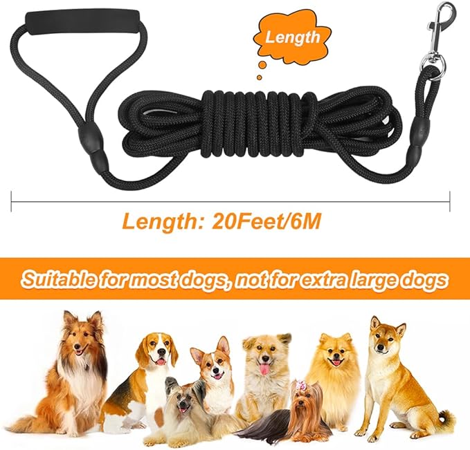 Vivifying Floating Long Dog Leash, 20ft Dog Training Leash, Check Cord Rope Lead with Comfortable Handle for Outside, Hiking, Swimming, Beach and Lake (Black)