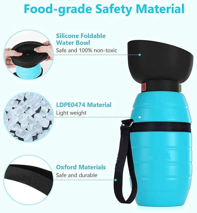 Dog Water Bottle Portable (17oz/22oz), 2 in 1 Foldable Dog Travel Water Bottle, Leak-Proof Dog Water Dispenser, Pet Water Bottle Drink Feeder for Outdoor Walking Hiking, Food-Grade Silicon (17oz)