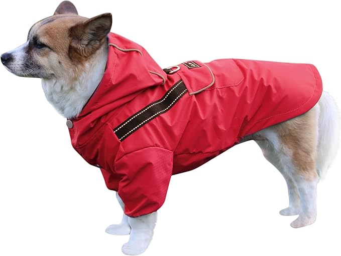 JoyDaog Premium Dog Raincoat with Hood for Medium Dogs,Outdoor Sports Waterproof Doggie Rain Jacket,Puppy Raincoat with Pockets,Red L