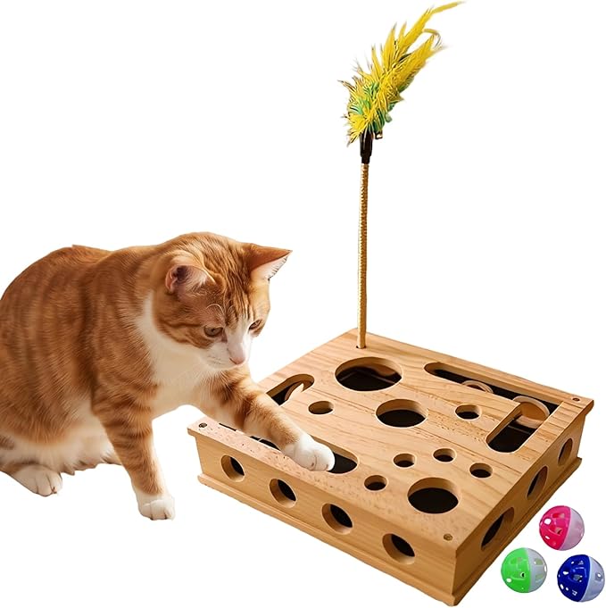 2026 New Cat Nail File Box, Cat Scratch Puzzle Enrichment Box with 1 Interactive Wand Toy & 3 Bell Balls, Cat Puzzle Feeder Scratch Puzzle Toy Gift for Indoor Cats, Trimming Nails