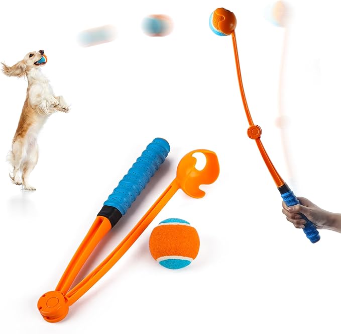 ALL FOR PAWS 25“Dog Ball Launcher, Foldable Tennis Ball Thrower with Soft and Comfortable Tennis Racket-Like Handle Grip, 2.5 inch Ball Included
