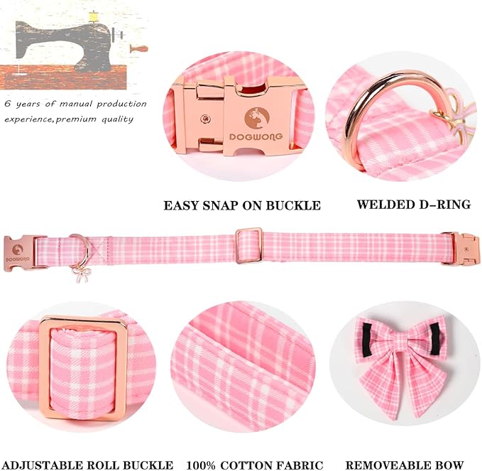 Pink Dog Collar for Girl Dogs, Spring Summer Pink Plaid Dog Collar with Bowtie- Adjustable Female Sailor Bow Dog Collar for Large Dogs XL