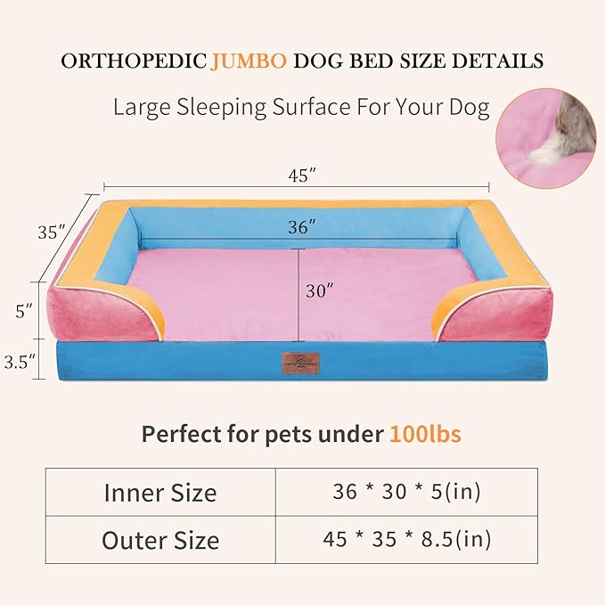 Comfort Expression Orthopedic Dog Bed for Extra Large Dogs 45x35 Inch, Waterproof Egg Crate Foam XL Pet Bed with Bolsters, Dog Couch with Washable Cover & Non-Slip Bottom, Bubblegum Cove