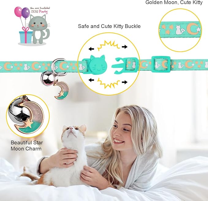 Baeuppit 2PCS Breakaway Cat Collars with Bell Cute Kitty Glow in The Dark Adjustable Kitten Collars 7.9-13.0 Inch(Teal&Pink)