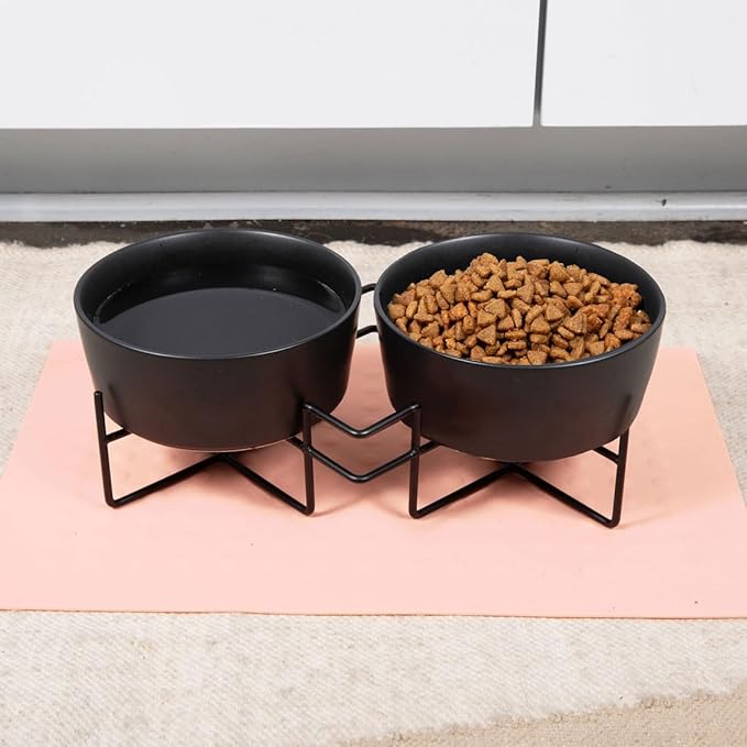 Waggo Simple Solid Double Dog Bowl and Dog Bowl Stand - Double Iron Stand with Double Ceramic Feeder or Water Bowl, Small or Large Dog Elevated Pet Feeder (Matte Black, Medium)