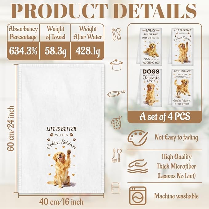 WADORN 4Pcs Golden Retriever Kitchen Hand Towels, Dog Decorative Soft Absorbent Kitchen Dish Tea Hand Towels for Golden Retriever Lovers 24 x 16 Inch Dog Mom Lover Owners Gifts for Housewarming Gifts