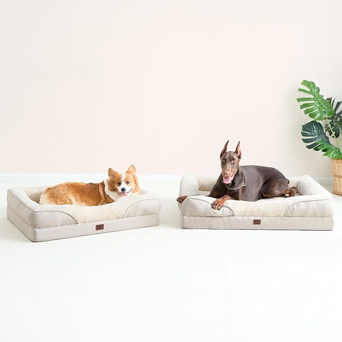 EHEYCIGA Orthopedic Dog Bed for Large Sized Dog, 41x27 Inch Large Memory Foam Dog Couch Bed with Sides, Waterproof Liner & Washable Removable Cover, Bolster Pet Sofa, Beige