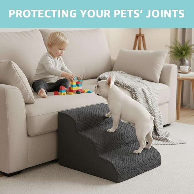 Oiilores Dog Stairs for Small Dogs 19" H, 4-Step Dog Steps Ramp for High Beds and Couch with Anti-Slip Washable Cover and Durable High Density Foam, Pet Stairs for Cats, Grey