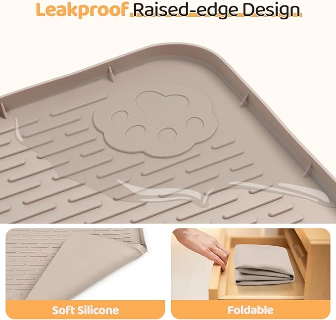 Dog Food Mat, Extra Large 40" x 40" Silicone Pet Feeding Mat with Raised Edge Pet Placemat for Small, Medium, and Large Pets Non-Slip, Easy to Clean (Khaki)