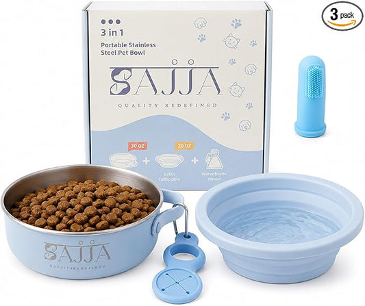 2-in-1 Travel Dog & Cat Bowl – Collapsible BPA-Free Silicone & 18/8 Stainless Steel, Portable & Non-Slip with Handle, Easy to Clean, Food & Water Bowl for On-the-Go Pets, Bottle/PoopBag Holder