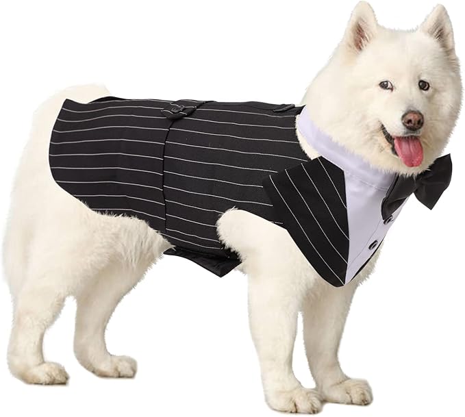 DORA BRIDAL Dog Tuxedo for Large Dogs, Dog Suit and Bowtie, Formal Dogs Wedding Outfit, Pet Tuxedo and Bandana Set Valentines Birthday Christmas Party Costumes for Labrador Golden Retriever, Stripe,XL