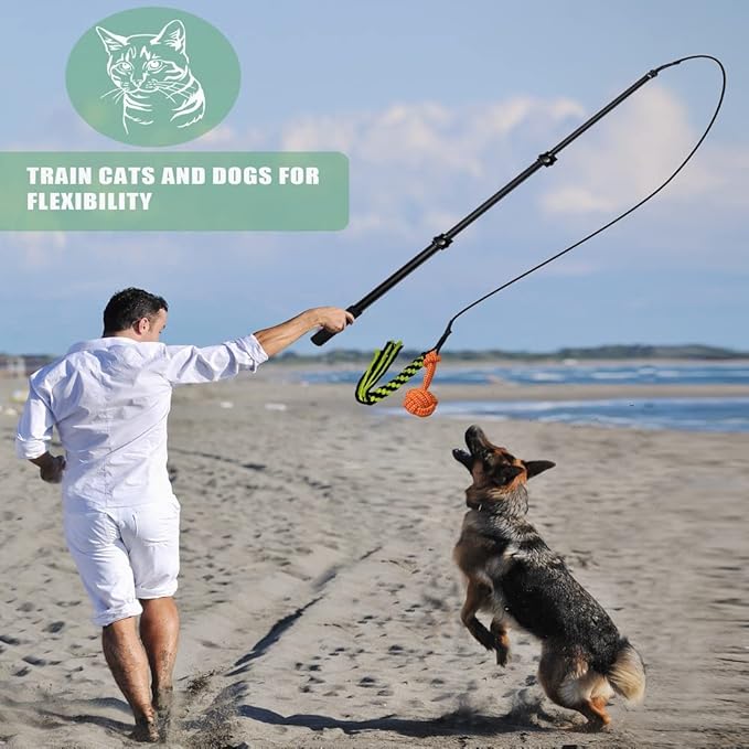 Dog Extendable Teaser Wand Pet Teasing Flirt Pole Interactive Toy with 2 Cotton Chewing Rope Training for Small Medium Large Dogs