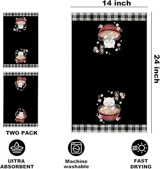 2 Pcs Funny Japanese Cat Eating Ramen Kitchen Towels 24x14 Inch, Japanese Reusable Dish Towels for Kitchen Bathroom Decor, Waffle Weave Absorbent Tea Towel, Cute Cat Lover Gifts for Women Mom Friend