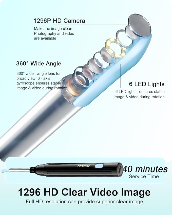 NEATEST Ear Wax Removal Tool with Camera, 1296P HD Wireless Otoscope, 6 LED Lights, IP67 Waterproof, Rechargeable 8 Pcs Ear Cleaning Kit for iOS & Android (Black)