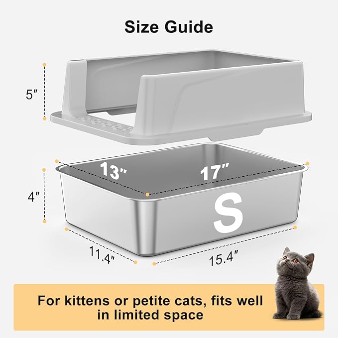 FURTIME Stainless Steel Cat Litter Box, Easy-Clean High-Sided Metal Litter Box, Open-Top Litter Pan for Small Cats, Includes Scoop & Mat, Non-Stick, Anti-Leakage, 17"×13"×8.4"