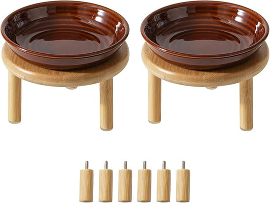 Havniva Elevated Cat Bowls Raised Ceramic Cat Bowl, 5.9” Wide Opening Cat Food Bowl Whisker Friendly Cat Dish Anti-Slip with Bamboo Stand, Shallow Pet Food & Water Bowl for Indoor Cats