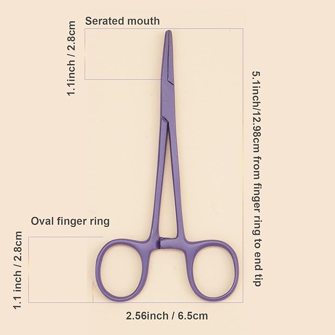Pets ears/nose hair Puller Straight & Curved full serrated, stainless steel Home Hemostat Locking Forceps, Professional pet grooming tool for cats & dogs 2pcs set （purple）