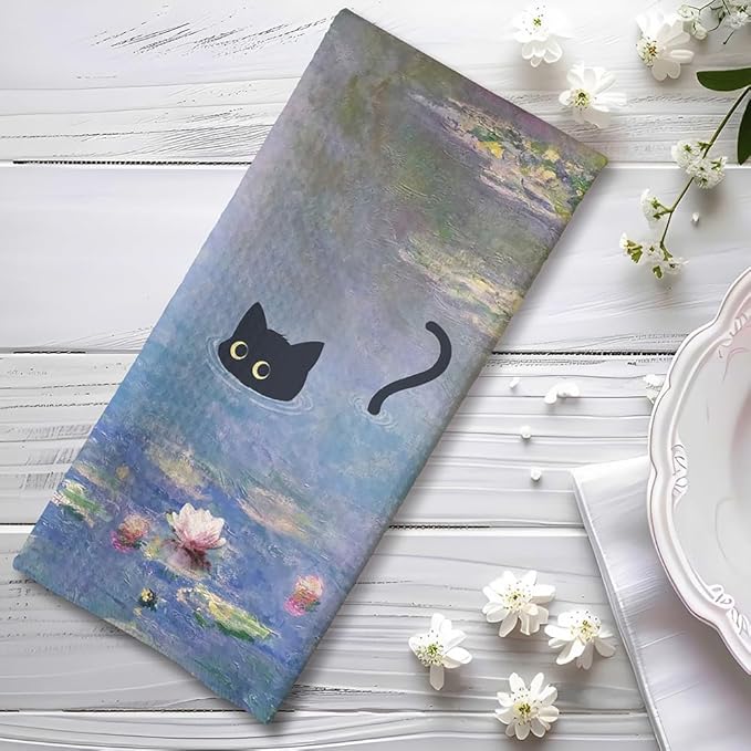 Black Cat Kitchen Towels - Quick-Dry Decorative Hand Towel for Art Enthusiasts & Cat Lovers | Vintage Masterpiece Water Lilies Dish Towels for Whimsical Home Accent,Unique Christmas Home Decorations