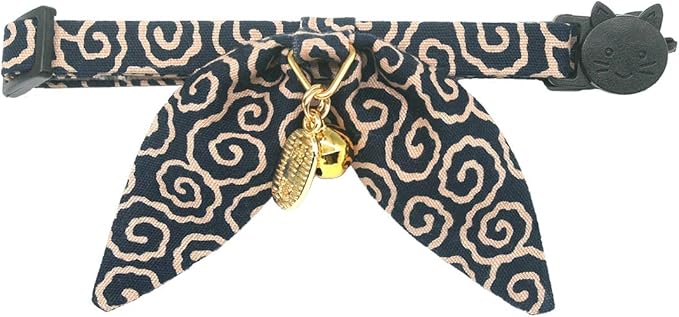 Bunny Ears Cat Collar, Japan Lucky ‘開三運’ Charm. Safety Breakaway Bowtie Kitten Collar with Bell, Navy Blue