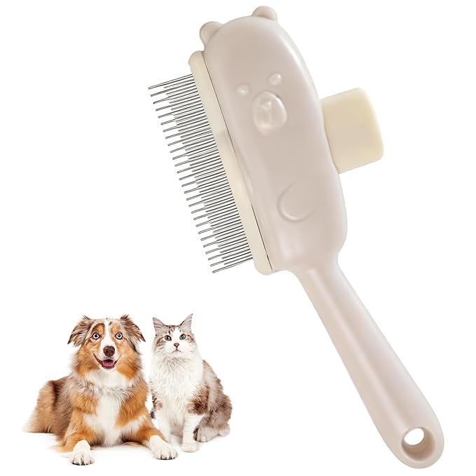 Self-Cleaning Pet Grooming Brush for Dogs & Cats - One-Click Hair Release Button, Stainless Steel Rounded Teeth, Ivory White Brush for Removing Loose Fur, Knots & Dander White