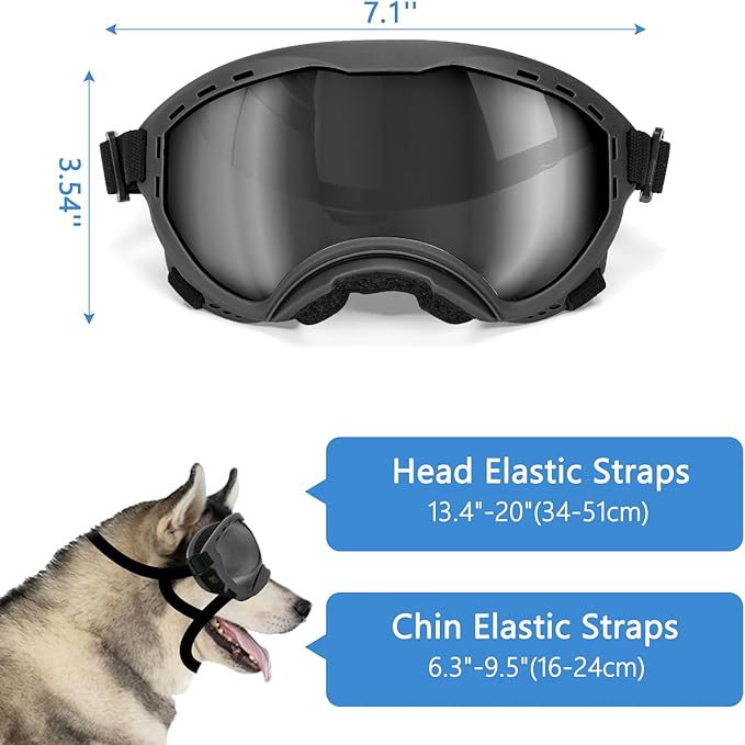 Dog Goggles for Medium to Large Breeds, UV Protection Dog Sunglasses with PC Lens, Soft TPU Frame and Adjustable Straps, Windproof Dustproof Anti-Fog Pet Eyewear for Outdoor Activities (Black Frame)