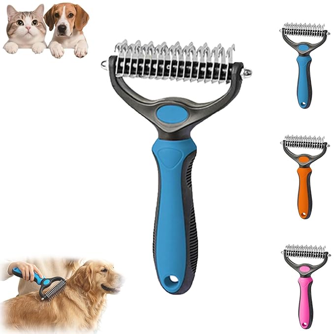 Pet Pro Grooming Tool, 2-in-1 Deshedding Dog Brush with 9/17 Teeth Undercoat Rake for Dogs & Cats, Dual-Sided Stainless Steel Pet Comb for Long Hair & Thick Coats, Non-Slip Ergonomic Handle (Blue-L)
