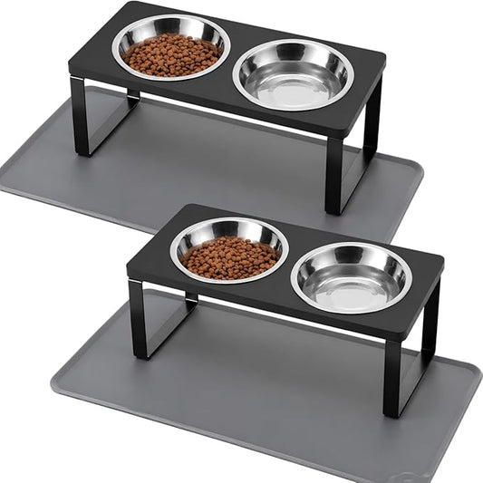 2Pack Elevated Cat Bowls with Food Mat,15°Tilted Stand Anti Vomiting Raised Cat Dishes for Food and Water,2 Stainless Steel Bowls for Cats and Puppy,Black