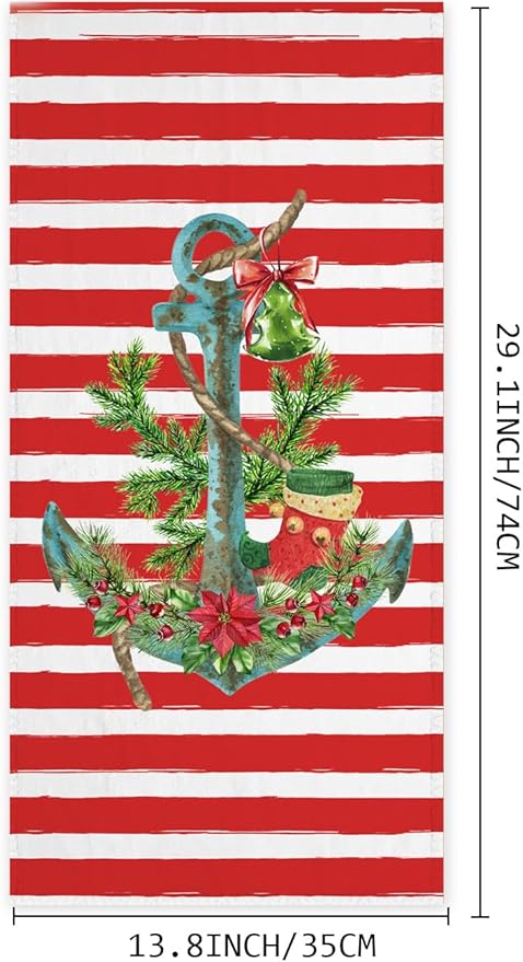 2 PCS Christmas Anchor Hand Towels Soft Microfiber Blue Red Stripes Holly Berry Flower Snow Kitchen Towel for Bathroom Yoga Gym Winter Merry Bright Decorative Towels 13.8"X29.1"