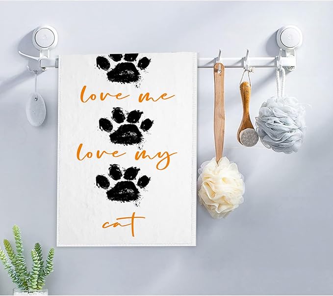 2 PCS Cat Paw Hand Towels Lovely Animals Paw Prints Love Me Love My Cat Soft Microfiber Hand Towel for Bathroom Kitchen Yoga Gym Decorative Towels 13.8"X29.1"