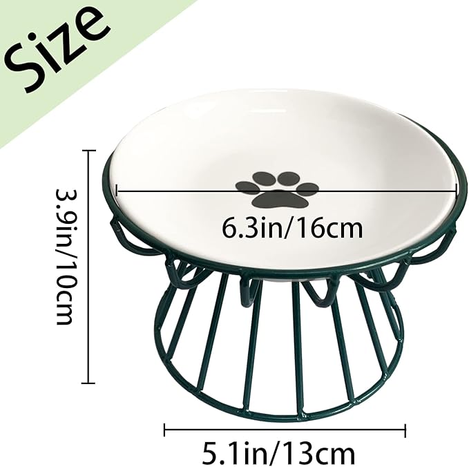 Ceramic Cat Bowls with Metal Stand,Elevated Cat Bowl Raised Kitten Food&Water Feeding Shallow Dish for Indoor Cats,Puppies,Small Dogs(Green)