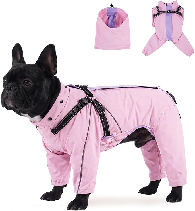 Lelepet Raincoat for Dogs, Small Dog Jacket with Harness, Waterproof Reflective Coat with Adjustable Detachable Hood, Elastic Waist Zipper Hook and Loop Pet Raincoats, Pink, S