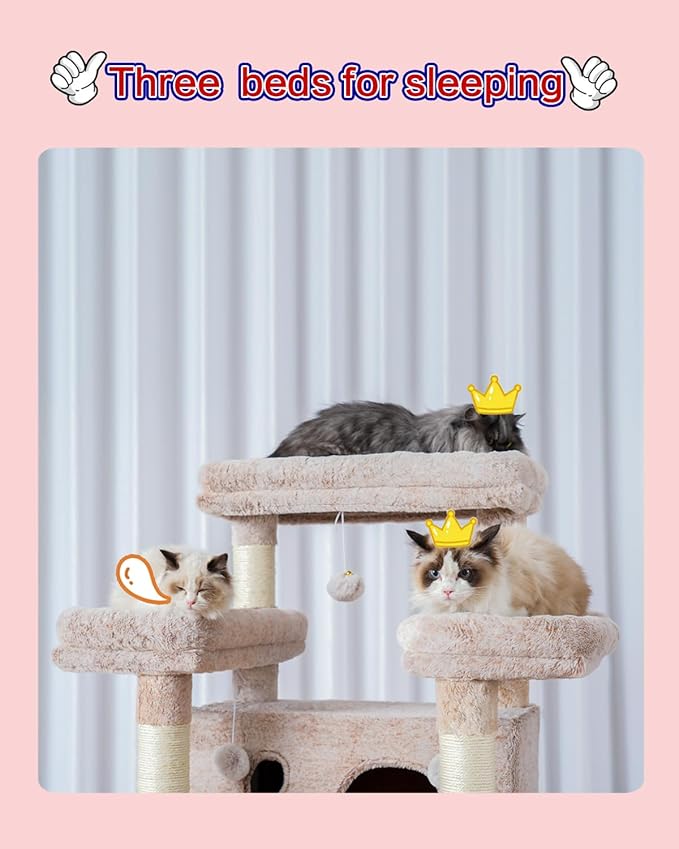 Gitelsnour Cat Tree for Indoor Cats Large Adult, 74" Cat Tower with 3 Big Platforms, 2 Baskets, 2 Condos, Multi-Level Cat Scratching Posts, Muchroom GCT030MU