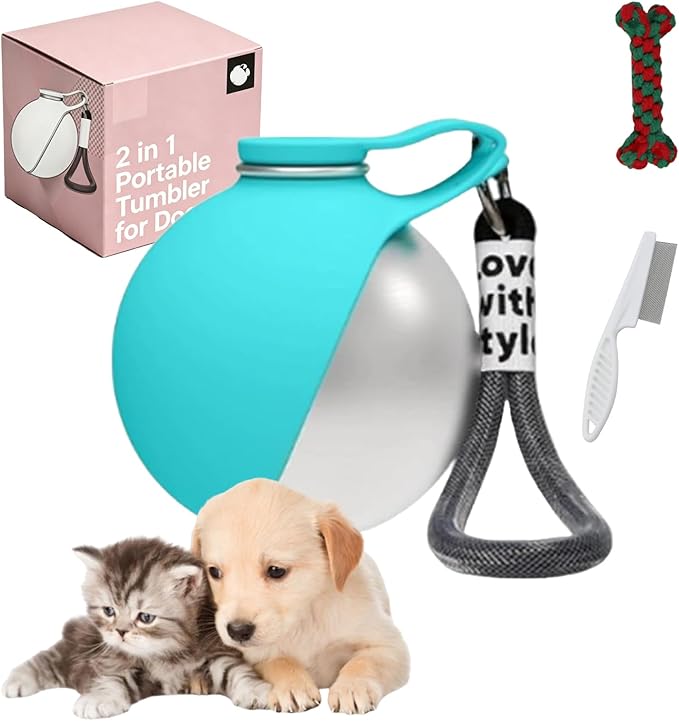 2 in 1 Portable Tumbler for Dogs – 10oz Stainless Steel Pet Water Bottle with Silicone Foldable Bowl, Portable Dog Water Bottle for Walks, for Walking, Hiking & Travel, One-Hand Operation (Blue)