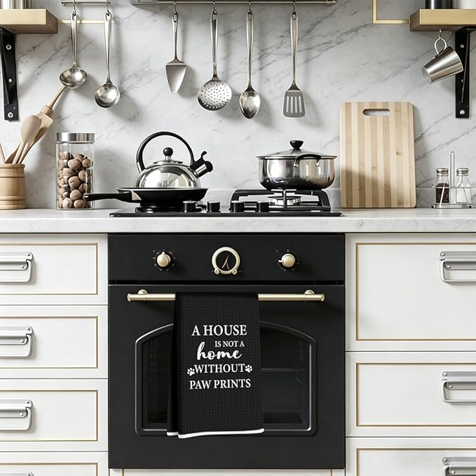 House Warming Gifts New Home, Dog Themed Gift Kitchen Towels 24x14 Inch, Dogs Mom Gifts for Women, Dog Decorations for The Home Bathroom, Paw Prints Kitchen Tea Hand Towels, Waffle Dish Towel (Black)