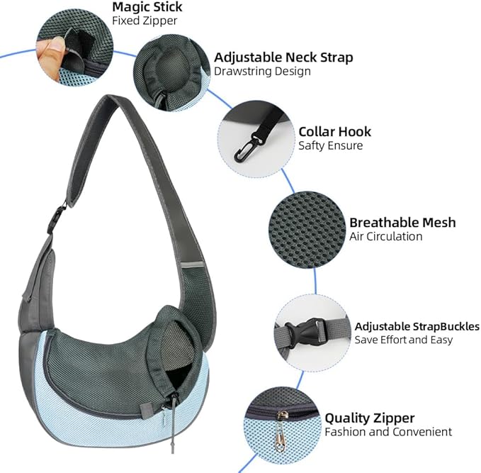 Dog Sling Carrier, Mesh Breathable Puppy Sling with Soft Adjustable Widen Padded Strap, Hand-Free Dog Purse Carriers for Small Dogs Cats, Pet Carrier Backpack for Travel Outdoor, Blue