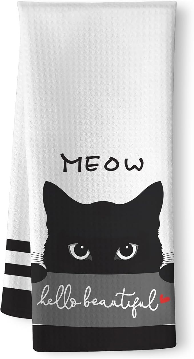 Cat Kitchen Towels, Cat Art with 'Beautiful' Compliment Motif, Flattering Hand Towel for Women Who Cherish Kittens & Pet Mom Devotees, Perfect for Decorating Kitchen