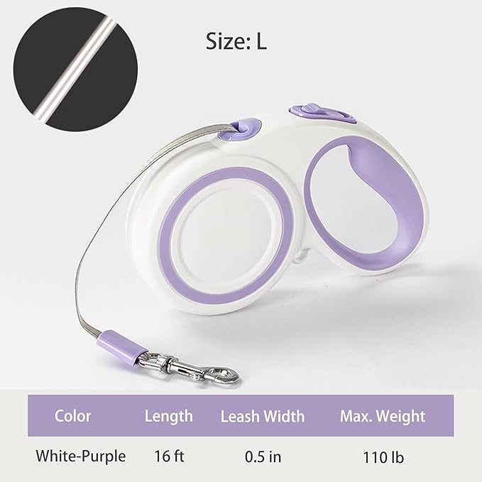 Retractable Dog Leash, Heavy Duty Reflective Nylon Tape Lead 16 ft Long, up to 110lbs, One-Handed Brake, Lock, Automatic Telescopic Dog Tape, Non-Slip Handle (White-Purple, Large)