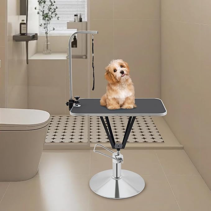 Hydraulic Pet Grooming Table with Adjustable Arms, 360 Degree Table Top Swivel Maximum Load 220 lbs Professional Pet Grooming Table, 34in Hydraulic (Black,Rectangular)
