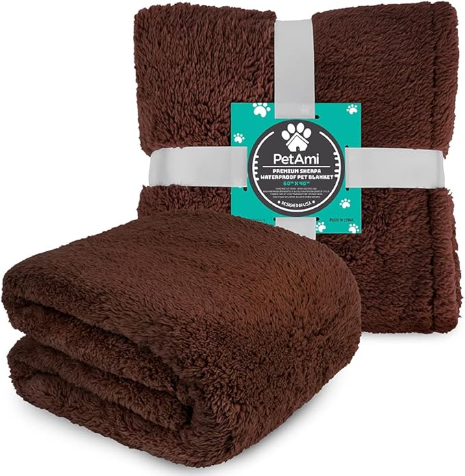 PetAmi Fluffy Waterproof Dog Blanket for Couch and Bed, Reversible Sherpa Pet Throw, Pee Proof Furniture Protector Sofa Cover, Washable Cat Blanket for Medium Large Dogs and Cats (Brown, 40x60)