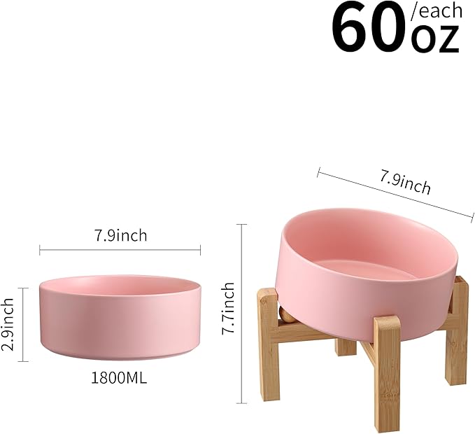 Pink Elevated/Raised 15°Tilted Anti Slip Ceramic Dog Bowl for Medium & Large Breeds,Slanted Bulldog Big Face Pet Feeding Food Water Dish Stand for Dogs (7.6 Cups/60OZ)