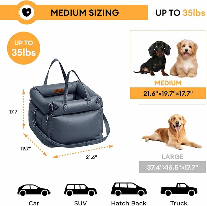FUNNYFUZZY Luxury Dog Car Seat for Small Medium Dogs Under 35 lbs, Waterproof Leather Pet Booster Seat with Safety Leash & Anti-Slip Base, Fully Padded Dog Car Bed, Portable Puppy Carrier(Navy Blue)