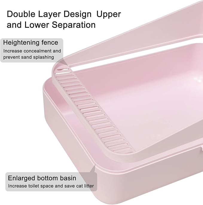 Sfozstra Pink Open High-Sided Cat Litter Box - Medium, Anti-Scatter & Low Tracking, Raised Enclosure Leak-Proof, Easy-Clean ABS Material, for Cats Up to 13 lbs