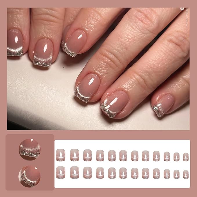 yefiuo Summer Press on Nails Short Square Glitter French Fake Nails Press ons Cat's Eye Acrylic False Nails Glue on Nails Reusable Nail Tips Kit Full Cover Stick on Nail Supplies for Women Girls 24Pcs