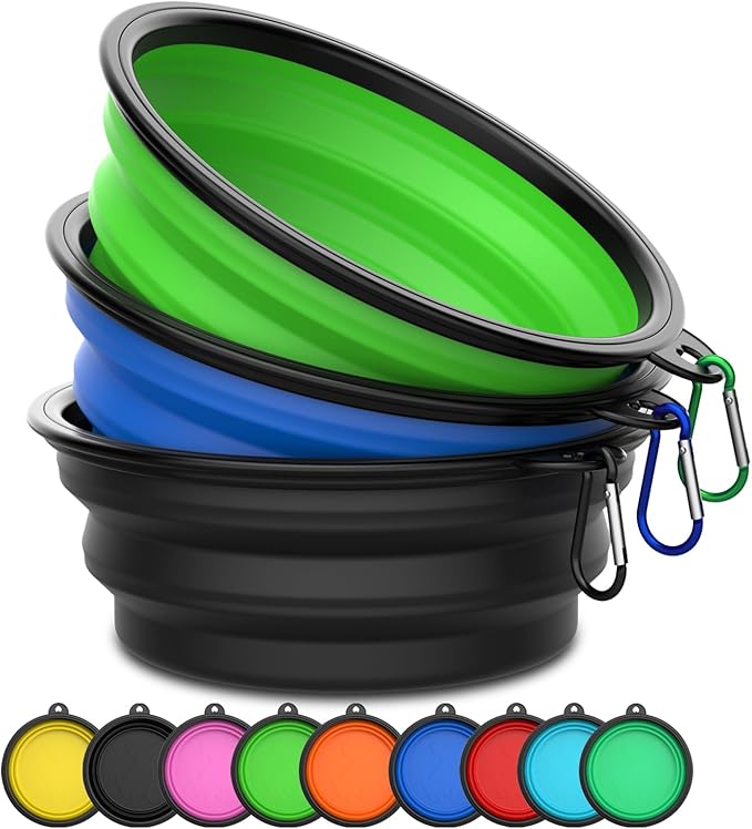 Collapsible Dog Bowls [3 Pack] 20 oz, Travel Dog Bowls, Pet Bowl Portable Foldable Water Food Feeding Dishes with Carabiner Clip for Traveling Hiking Walking-Black & Green & Blue